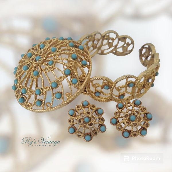 Vintage Marvella Jewelry Set, Gold Filigree & Turquoise Bead Demi Parure, Brooch/Bracelet/Earrings