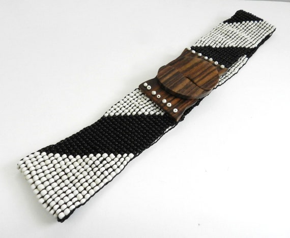 Vintage Hand-crafted Elasticated Beaded Belt. Bla… - image 5