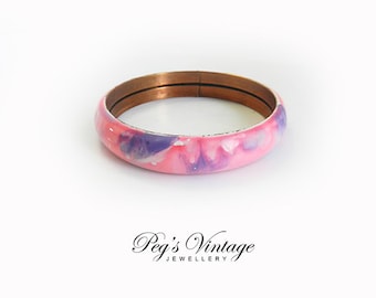 Vintage Pink Enamel Bracelet, Copper Metal Bangle Bracelet