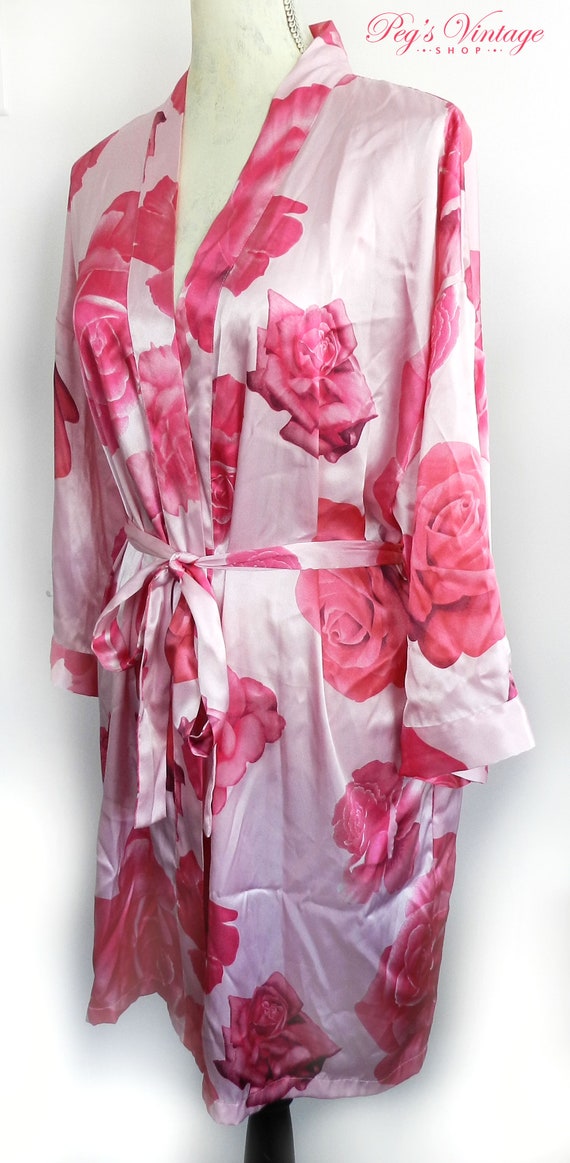 Pink Floral Satin Silk Robe Kimono / Pink Vintage… - image 3