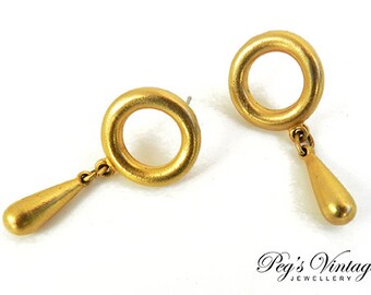 Vintage Gold Tone Dangle Earrings / Gold Circle Dangle Pierced Earrings
