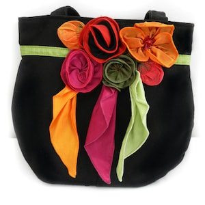 Sac fourre-tout vintage à fleurs bohèmes, noir, rose, appliques de fleurs, sac fourre-tout cartable décoratif, concubine de designer vietnamienne fait main