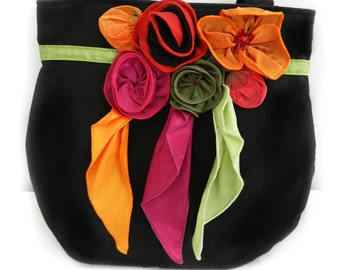 Vintage Boho Flower Tote Bag Purse, Black, Pink Flower Applique Decor Satchel Tote Bag, Handmade Vietnam Designer Concubine