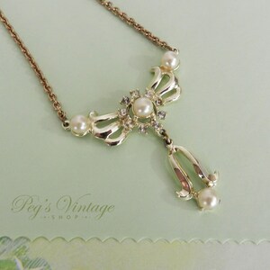 Vintage Pearl & Rhinestone Bridal Necklace, Crystal / Gold Tone Pearl Drop Pendant Necklace