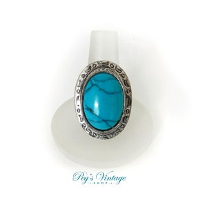 Vintage Style Faux Turquoise Stone Ring / Silver Plated Adjustable Costume Jewelry Ring