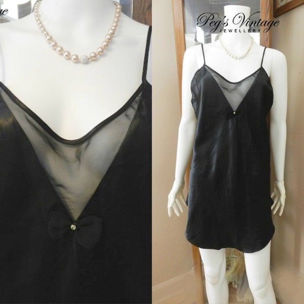 1980s Linda Bis, Black Silky Satin Camisole/Black Silk Cami With Chiffon, Sexy Slip/Lingerie Top
