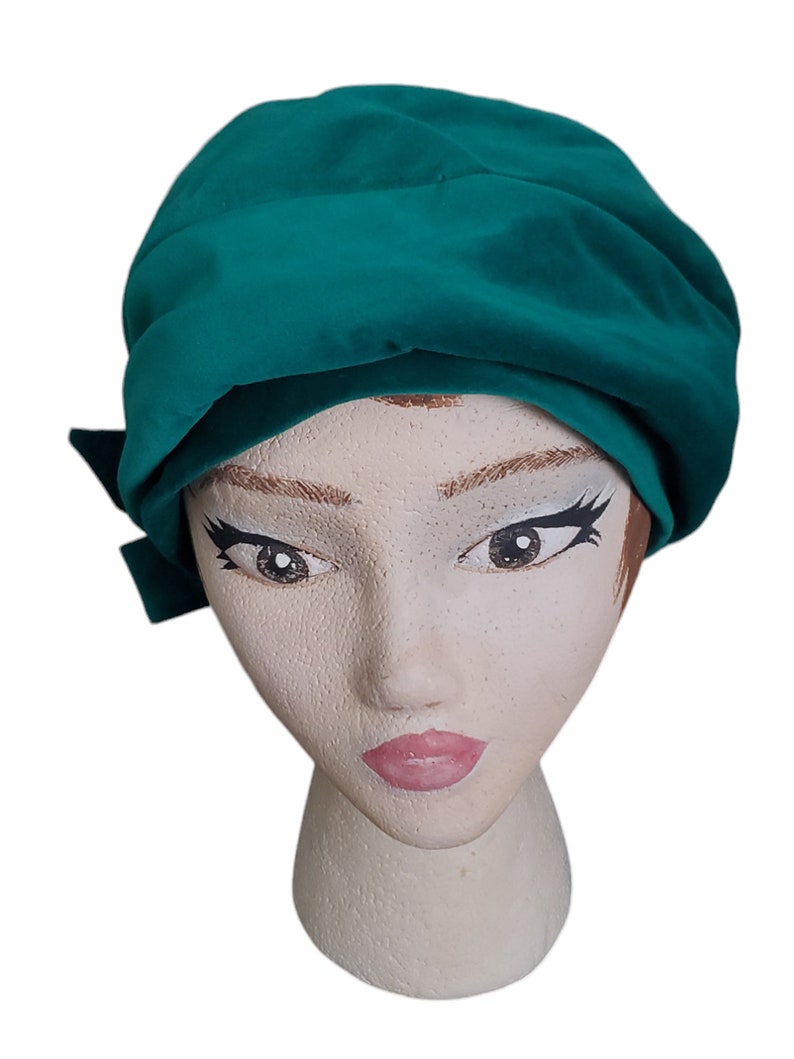 60s Mr. Fredericks Green Velvet Pillbox / Cloche Hat With Bow, Vintage Classic Hats image 3