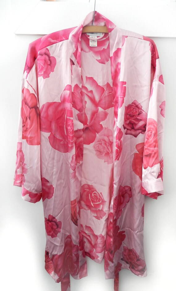 Pink Floral Satin Silk Robe Kimono / Pink Vintage… - image 2