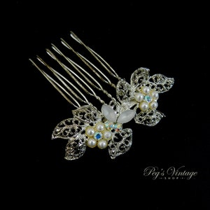Vintage 60’s Hair Comb, Faux Pearl & AB Rhinestone Clip, Silver Filigree Leaf Hair Comb