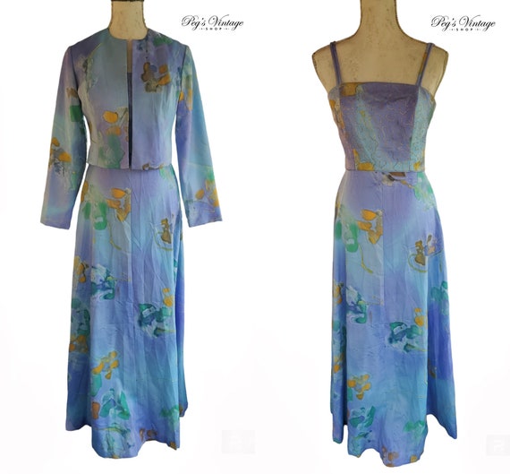 Vintage 70s Floral Hand Painted Dress and Jacket,… - image 1