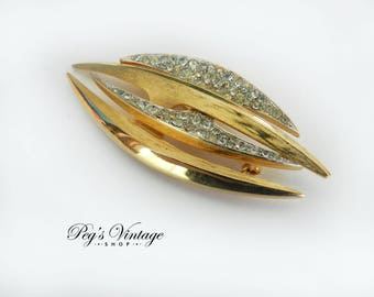 Vintage 1940s Corocraft Brooch Pin, Gold Clear Rhinestone Coro Craft Brooch