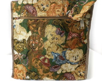 Vintage Puppy Dog Tapestry Tote Bag, Animal Print Handbag, Purse With Matching Coin Wallet