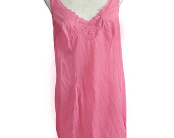 Vintage Charnos Pink Satin Lace Full Slip Dress, Pink Nightie Lingerie Size 24 M/L