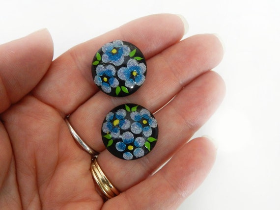 Vintage Black And Blue Floral Earrings, Sugar Luc… - image 2