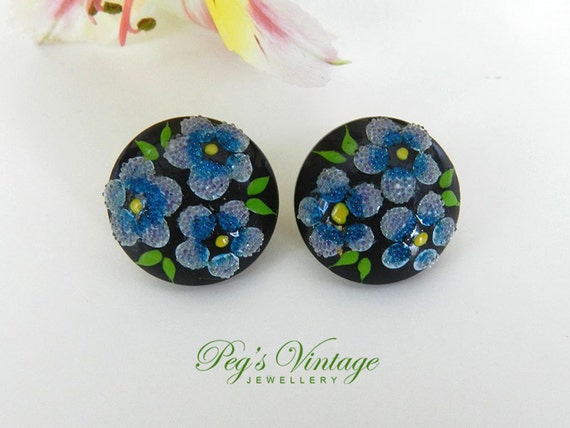 Vintage Black And Blue Floral Earrings, Sugar Luc… - image 5
