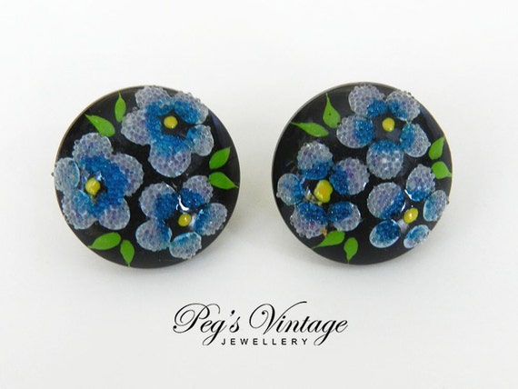 Vintage Black And Blue Floral Earrings, Sugar Luc… - image 1
