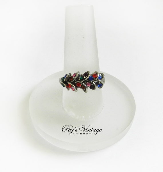 Vintage Multi Colored Rhinestone Leaf Ring / Silv… - image 1