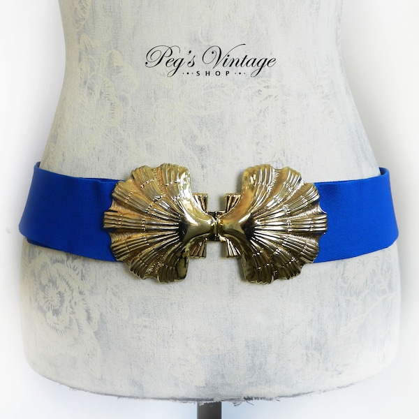 Vintage Blue Stretch Belt, Shell Shaped Belt Buckle, Ladies Fashion Belt