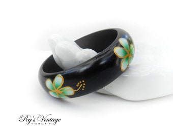 Black Wood Bangle / Bracelet With Green Flowers, Vintage Costume Jewelry