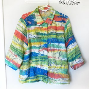 Vintage Boho Shirt Psychedelic Petite L Blouse, Green, Orange Semi Sheer Unisex Top, Hippie Festival Long Sleeve Shirt, Size 14 P