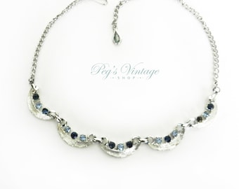 Vintage Blue Rhinestone Choker Necklace, Silver Tone Wedding Bridal Jewelry