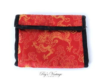 Vintage Red Satin Floral Brocade Wallet/Asian Embroidered Coin Money Pouch