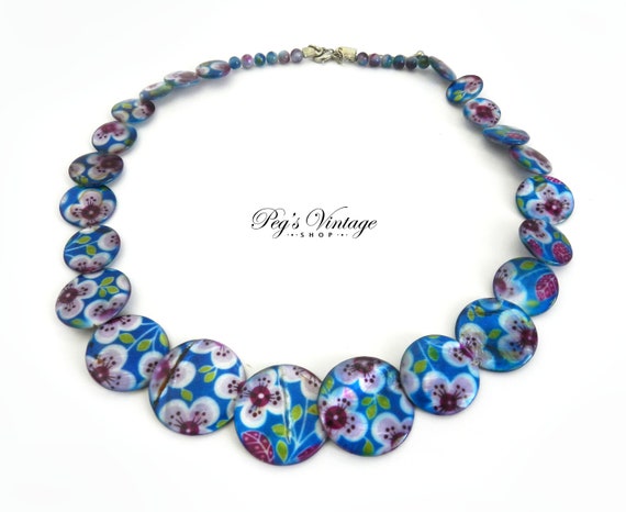 Vintage Floral Resin Bead Necklace, Shabby Chic B… - image 1