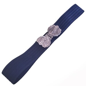 Vintage Blue Stretch Belt, Silver Scroll Belt Buckle, Ladies Fashion Belt Size S image 5