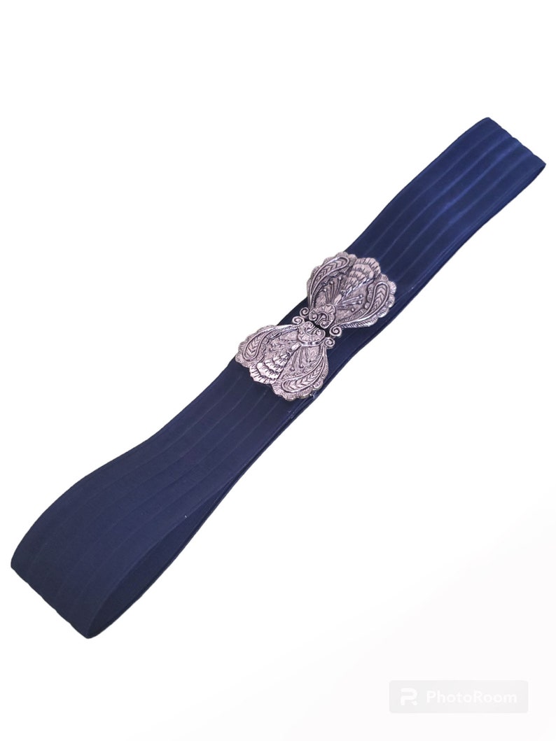 Vintage Blue Stretch Belt, Silver Scroll Belt Buckle, Ladies Fashion Belt Size S image 5