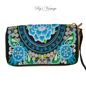 portefeuille brodé floral vintage, pochette portefeuille noir, bleu, vert et blanc