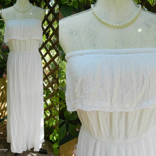 Robe longue longue en gaze blanche vintage/taille M/L, robe sans manches bohème hippie prairie des années 80