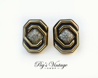 Signed Nina Ricci Swarovski Crystal Gold Earrings, Vintage Gold Black & Crystal Earrings, New On Card