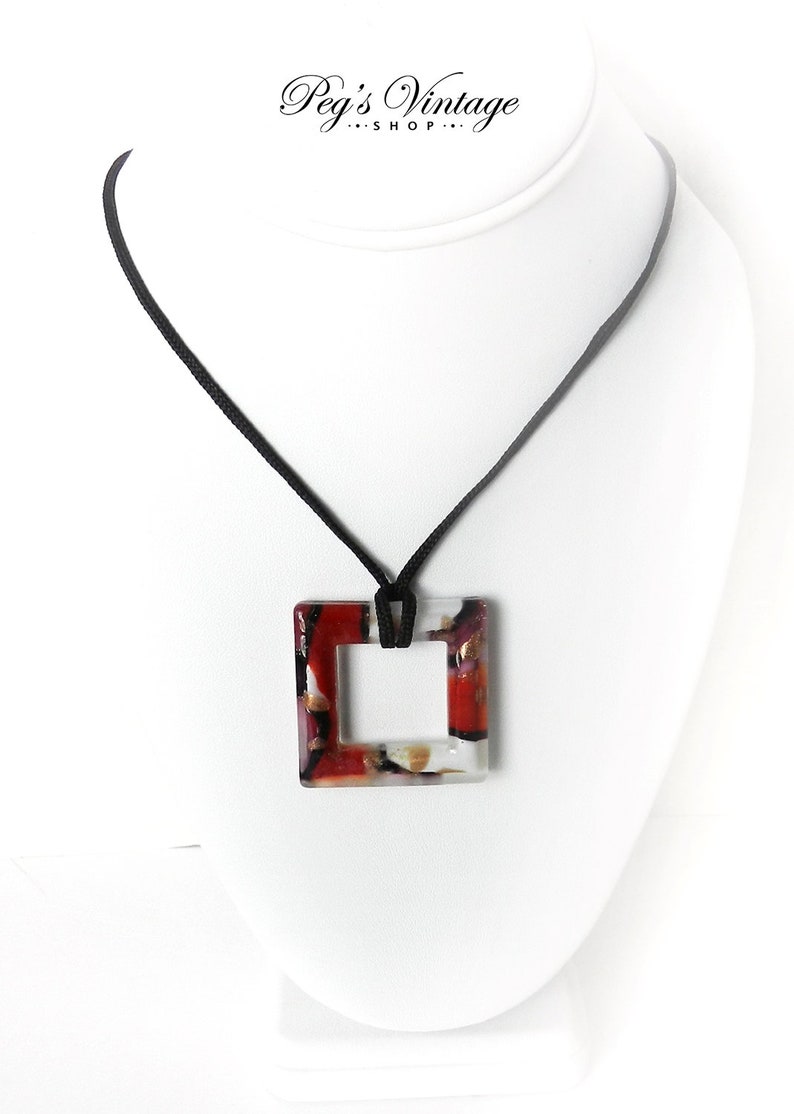 Vintage Fused Glass Pendant Necklace Red Black /& White Square Glass Pendant Necklace