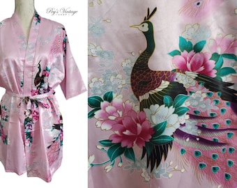 Asian Pink Silk Satin Floral Peacock Kimono / Satin Robe Size S/M Oriental Japanese Vintage Clothing