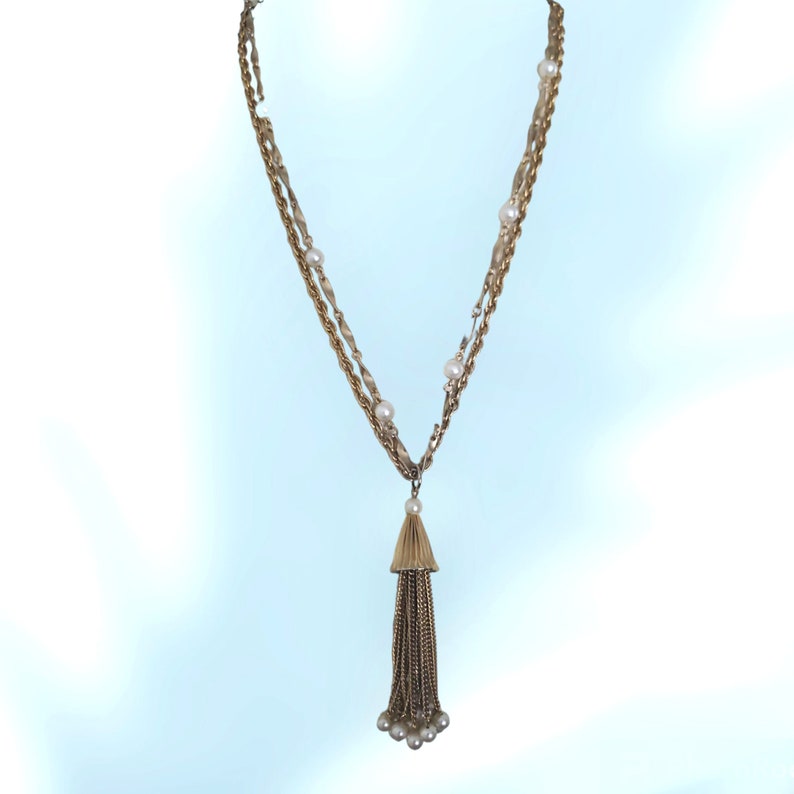 Vintage Multi Gold Chain Tassel Necklace, Gold Filigree & Pearl Chain Dangle Necklace image 6