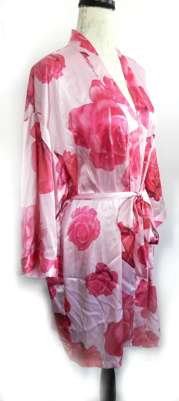 Pink Floral Satin Silk Robe Kimono / Pink Vintage… - image 5