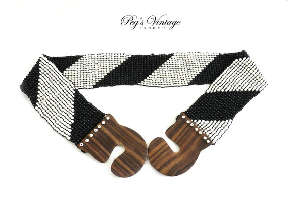 Vintage Hand-crafted Elasticated Beaded Belt. Bla… - image 2