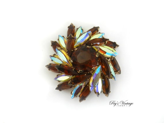 Vintage Topaz & AB Crystal Rhinestone Brooch, Marquis Cut Swarovski Crystal Domed Brooch Pin