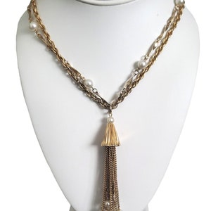 Vintage Multi Gold Chain Tassel Necklace, Gold Filigree & Pearl Chain Dangle Necklace image 1