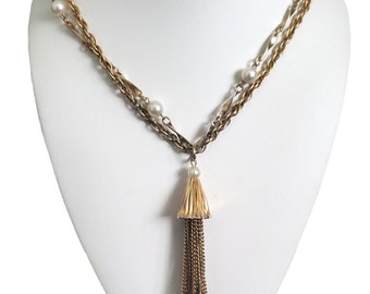 Vintage Multi Gold Chain Tassel Necklace, Gold Filigree & Pearl Chain Dangle Necklace