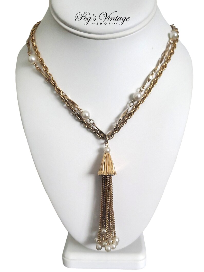 Vintage Multi Gold Chain Tassel Necklace, Gold Filigree & Pearl Chain Dangle Necklace image 1