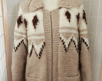 60's Cable Knit Cowichan Cardigan Mary Maxim Sweater, Beige Brown Wool Hand Knit Sweater, Zipper Sweater, Vintage Sweater Size S/M