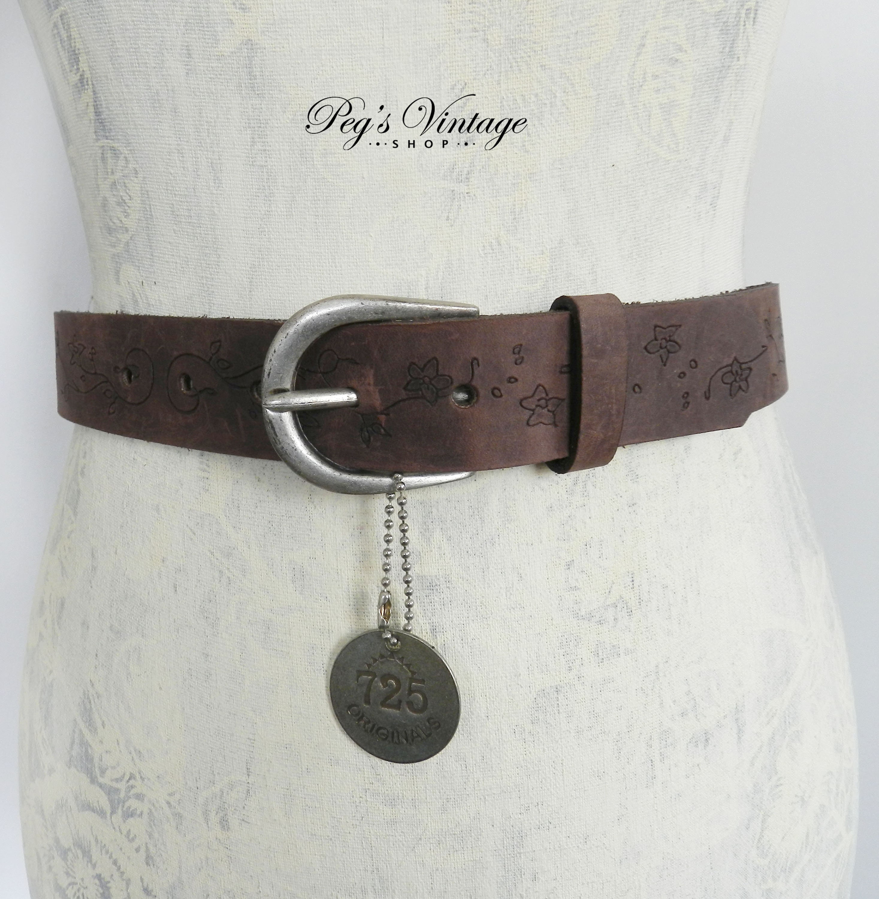 Vintage 725 Originals Ceinture en cuir marron, Ceinture en cuir florale sculptée / repoussée Taille S