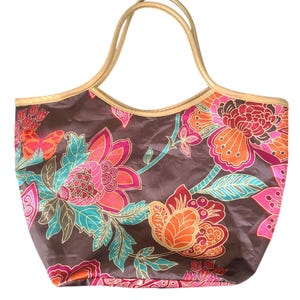 Large Floral Satin Tote Bag Purse, Vintage Weekender Travel Bag, Grocery Bag