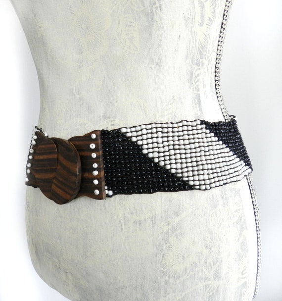 Vintage Hand-crafted Elasticated Beaded Belt. Bla… - image 6