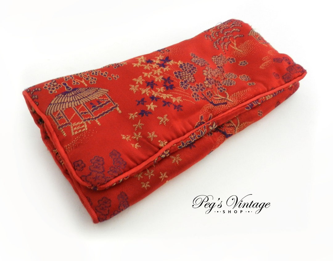 Vintage Asian Satin Embroidered Jewelry Bag Purse, Red & Gold Satin