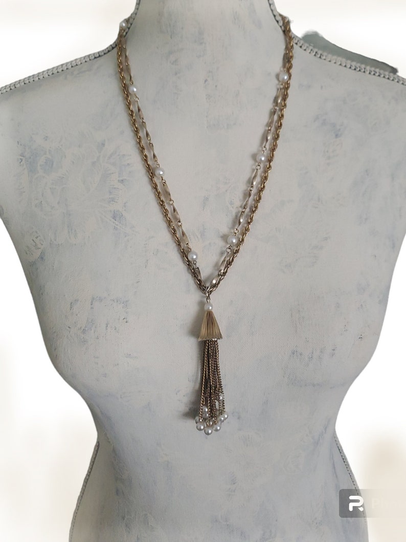 Vintage Multi Gold Chain Tassel Necklace, Gold Filigree & Pearl Chain Dangle Necklace image 7