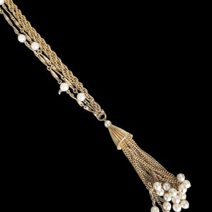 Vintage Multi Gold Chain Tassel Necklace, Gold Filigree & Pearl Chain Dangle Necklace image 5