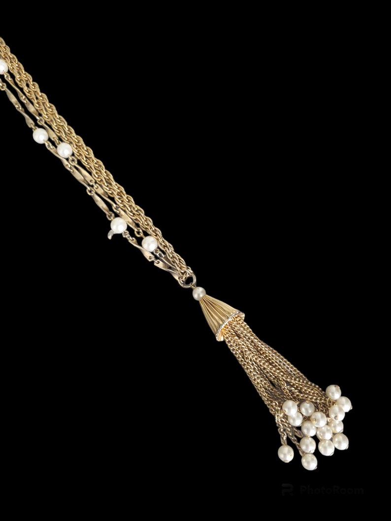 Vintage Multi Gold Chain Tassel Necklace, Gold Filigree & Pearl Chain Dangle Necklace image 5