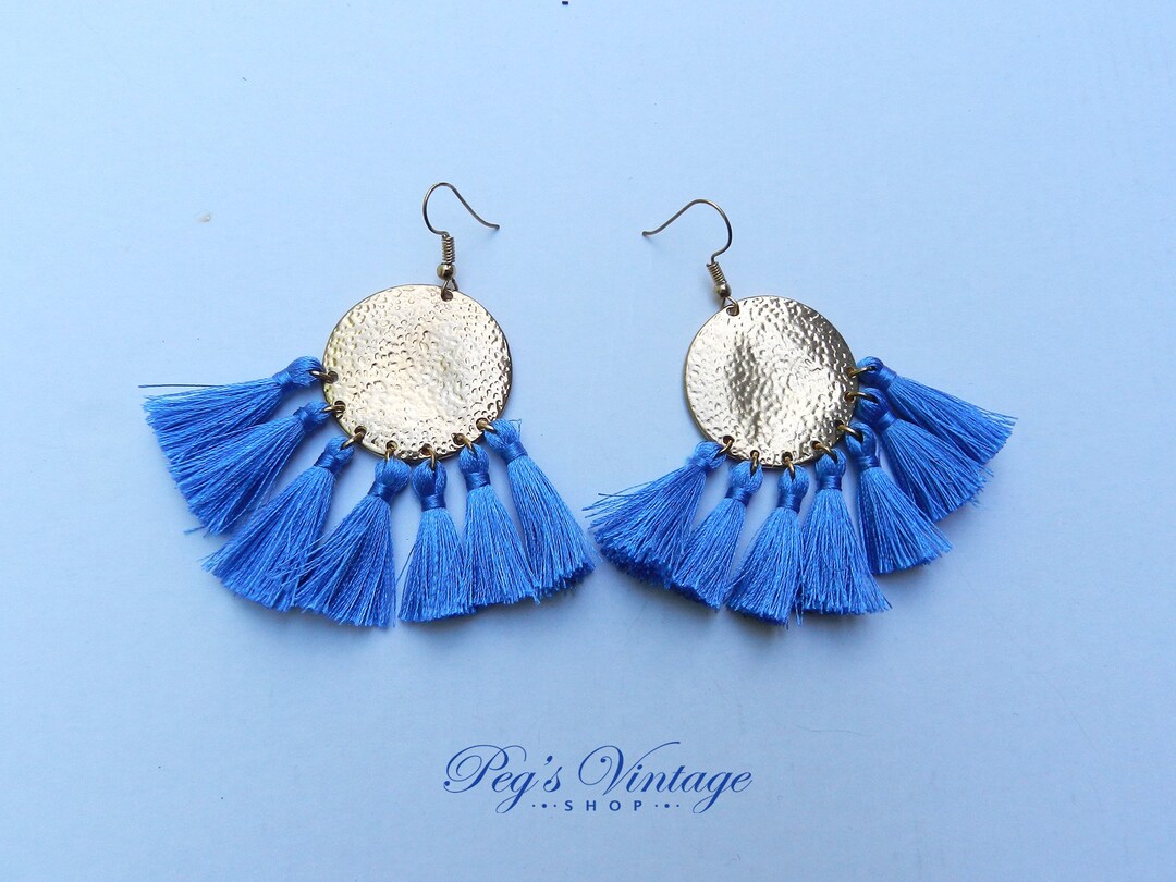 Tassel Dangle Earrings, Pierced Blue Fringe & Gold Earrings Etsy Italia